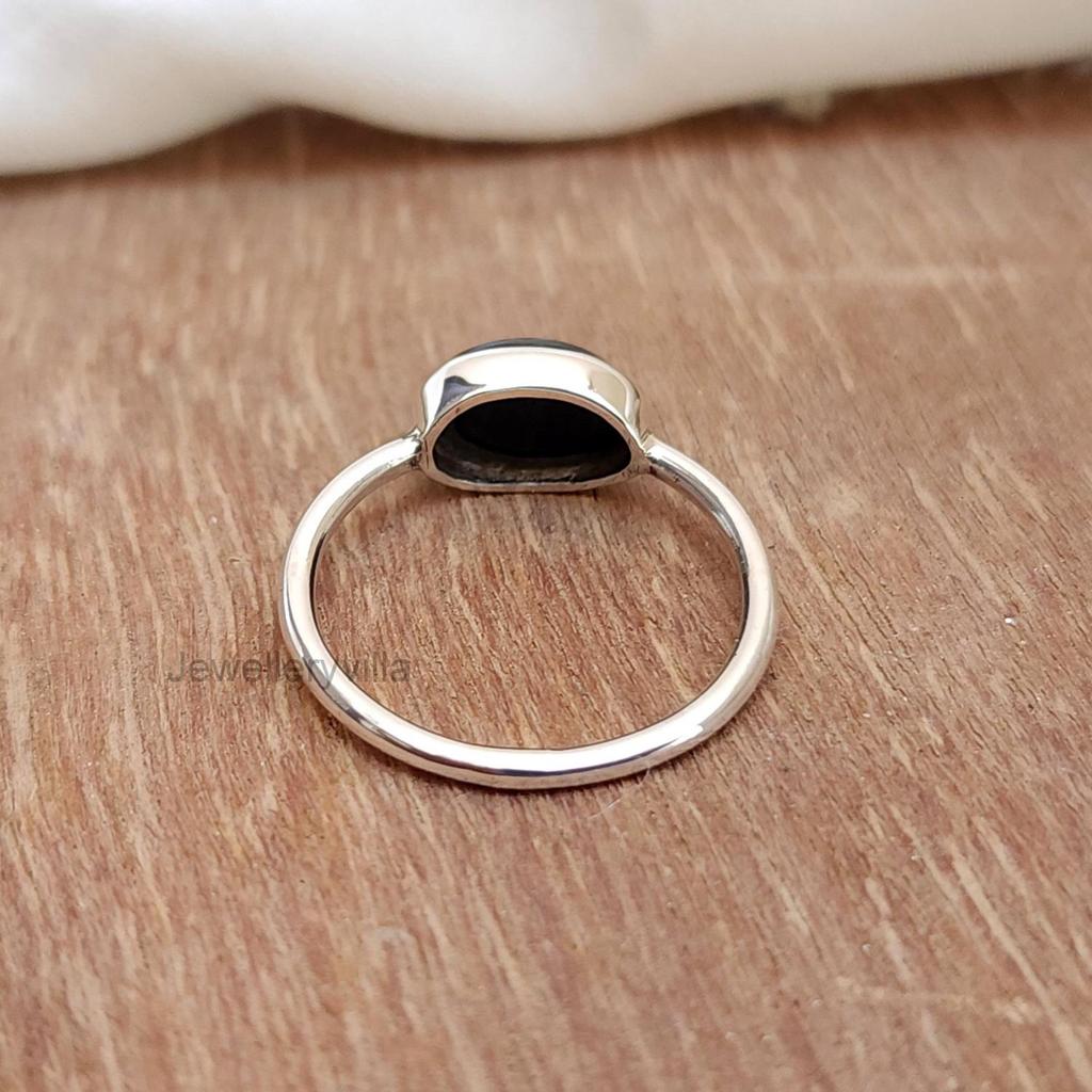 Natural Oval Cab Black Onyx 925 Sterling Silver Dainty Stacking Ring Jewelry