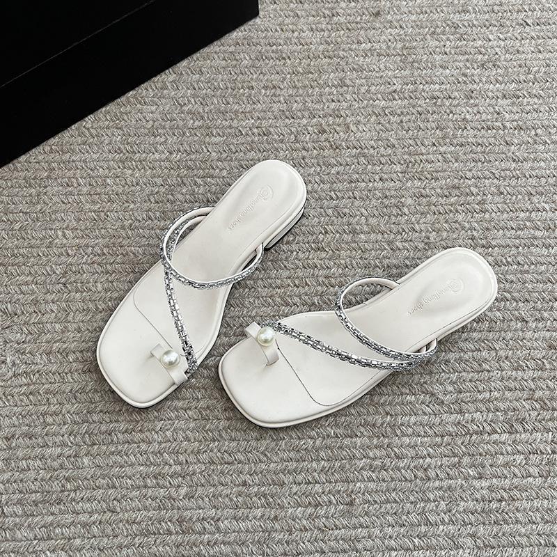 

толстый каблук открытый носок жемчуг крутые тапочки женские носят новые стразы отпуск носок сандалии с юбкой 40