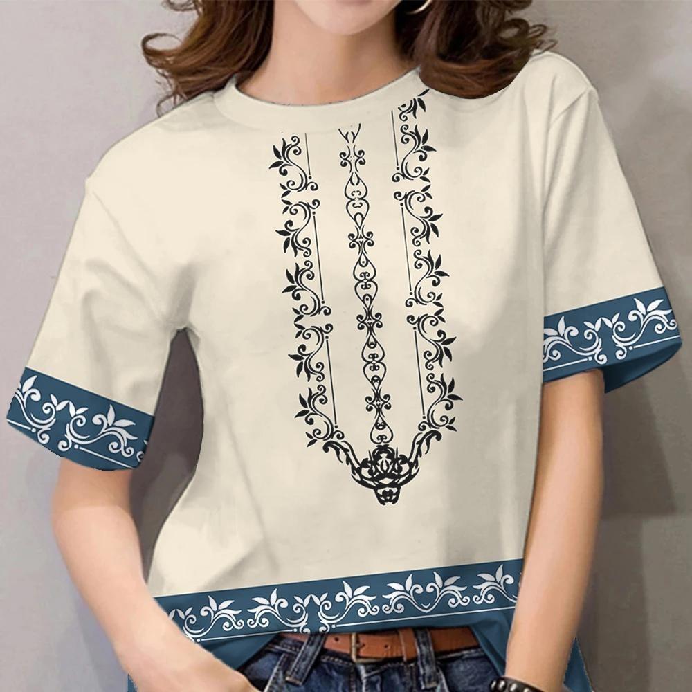 Neue ASEAN-Kleidung für Damen 2026: Ethno-Style-T-Shirt mit Rundhalsausschnitt und kurzen Ärmeln