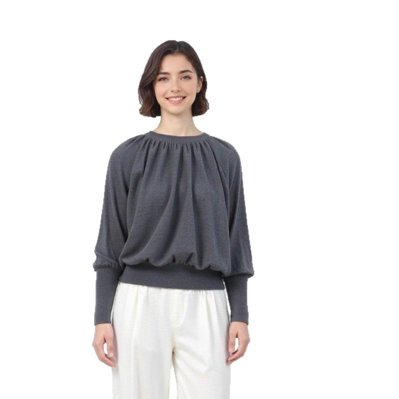 Bat sleeve pleated 0 Quan wool crew neck top early autumn thin loose inside knitted sweater women