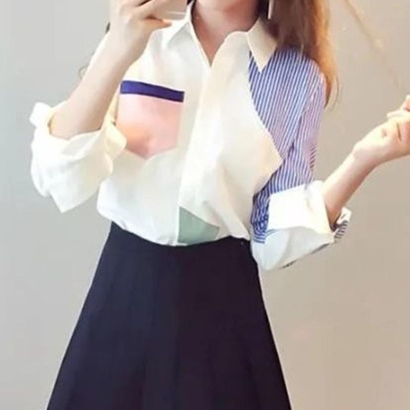 

Карманы Лоскутное Полосатое Женская Одежда Мода Повседневный Офисный Леди Свободный На Пуговицах Асимметричный Отложной Воротник Блузки Простой XXL белый