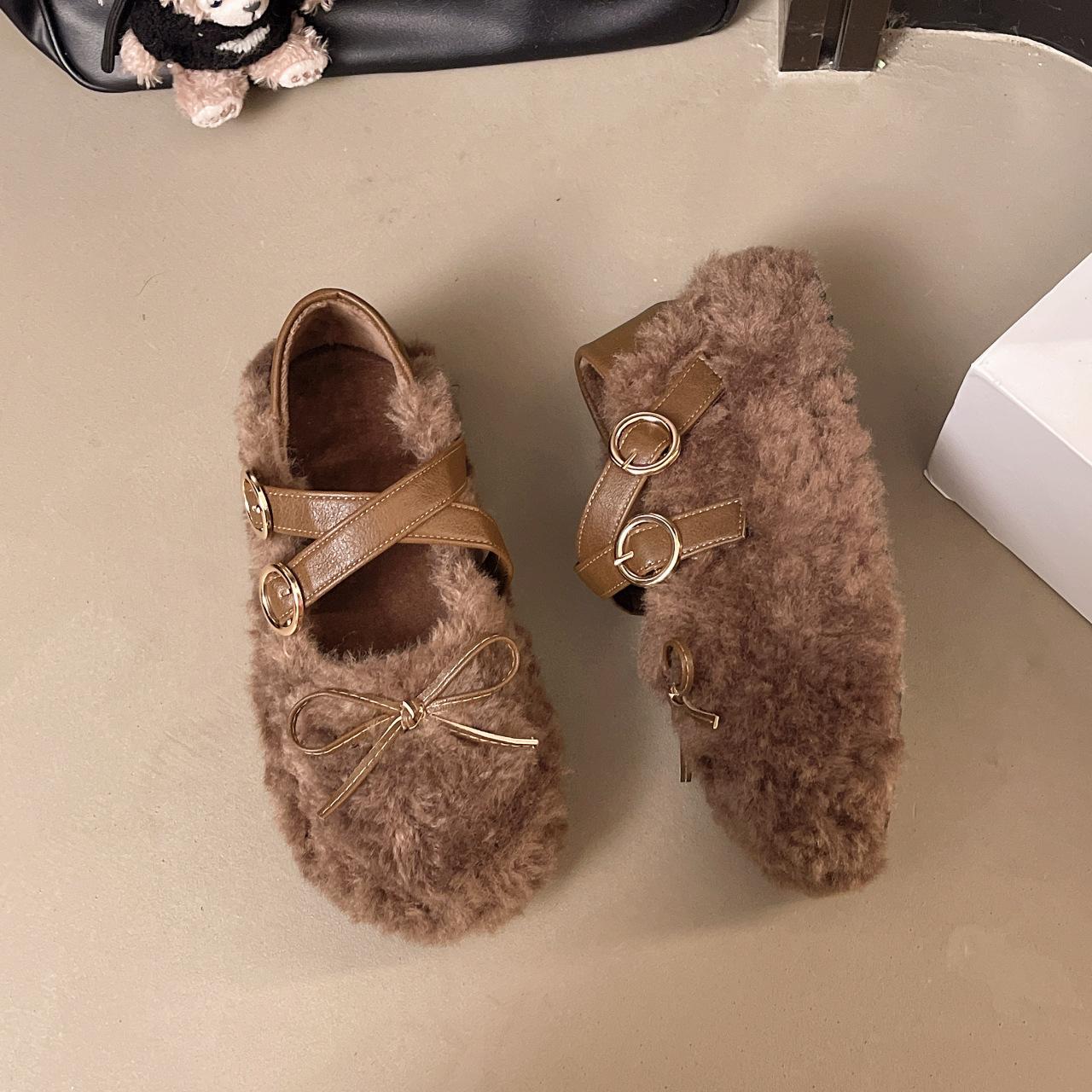 

Хлопковые туфли с двойным бантом, два варианта носки, на одну ногу, модные, универсальные, на толстой подошве, для осени и зимы 2025 года, женские туфли Мао Мао для улицы 40 коричневый