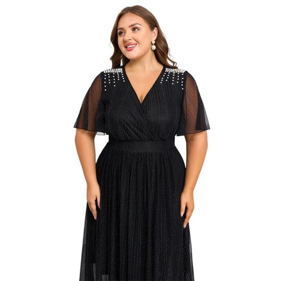 Plus Size Women Dress V-Neck Short Sleeve Elastic High Waist Flowy Hem