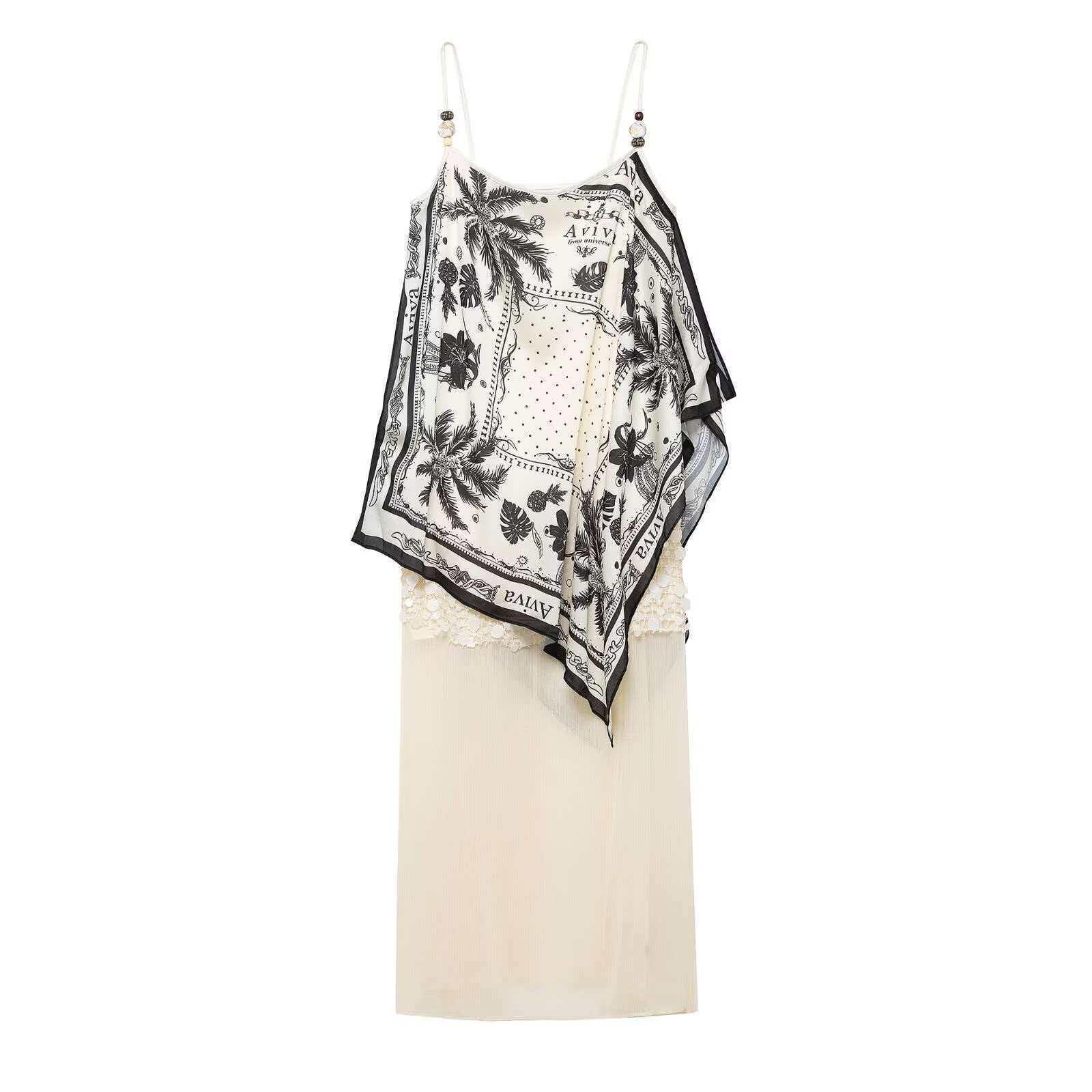 European & American Women s Black & White Silk Scarf Patchwork Camisole Dress for Summer XS