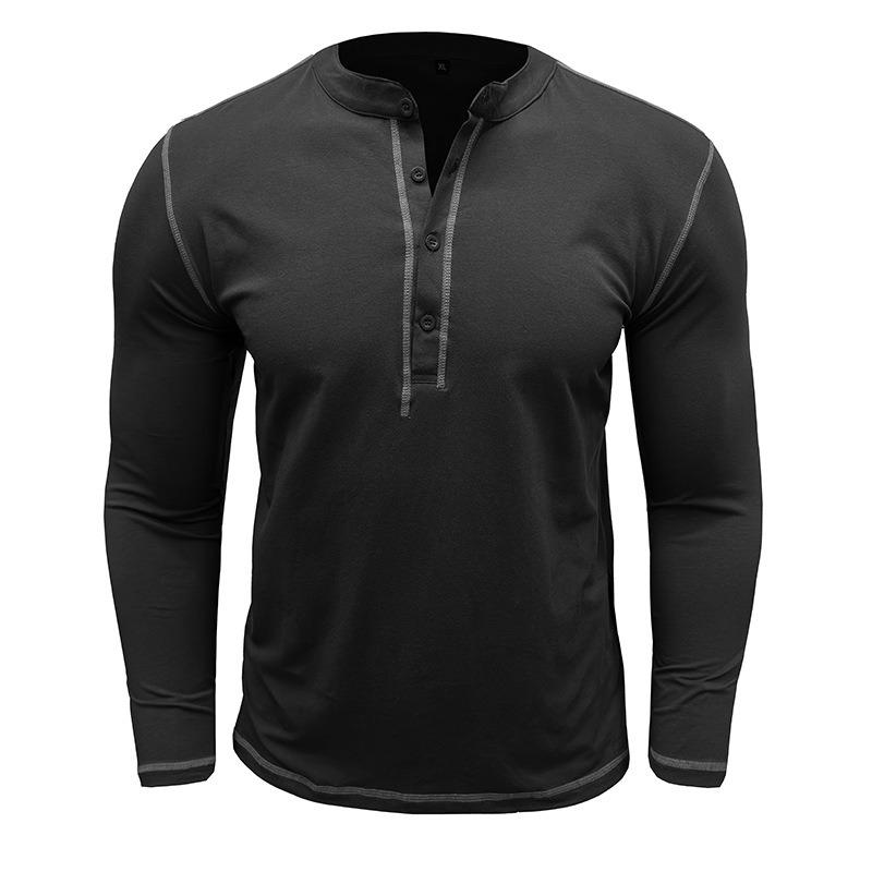 Mens Vintage Color Block Long Sleeve Crew Neck Henley T Shirt Casual Top