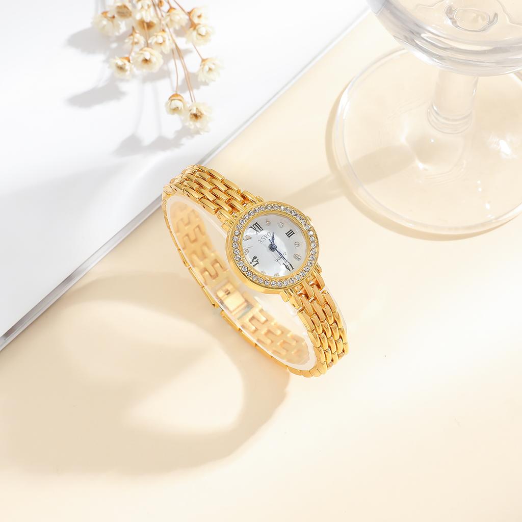 Ladies classic round diamond dial steel strap quartz watch; heart to heart bracelet necklace earrings rings fashion versatile.
