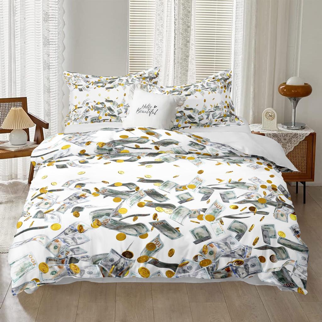 Dollar Printed Duvet Set, Dollar Bill Bedroom Bedding Quilt Set Three-Piece Set