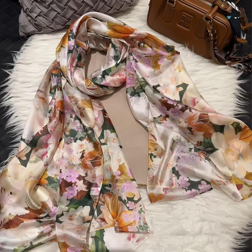Bysifa|Beige Blue Silk Scarf Shawl Women Floral Print Scarf Cape Fall Winter 100% Mulberry Silk Long Scarves Summer Beach Shawls