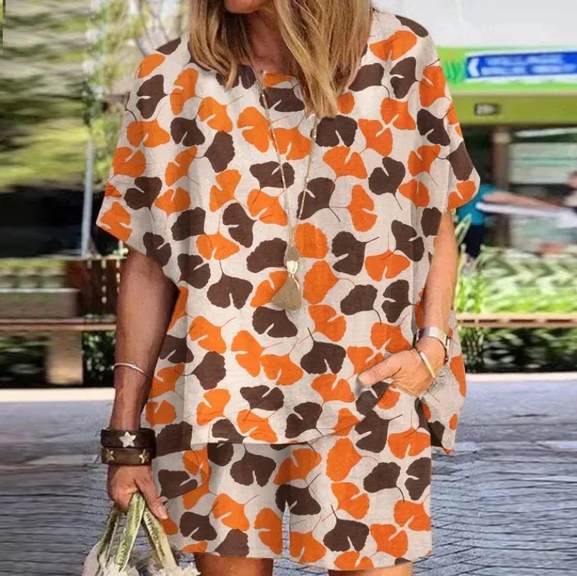 

Spring Oversize Women Suit Short Polka Dot O-neck Top Short Pants Loose Suits Female Casual Trendy Elegant Ladies Clothes 5XL помаранчевий