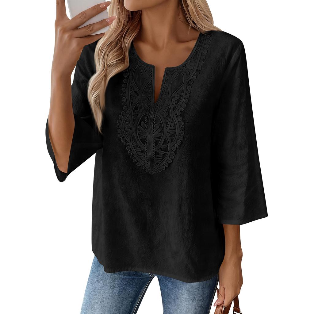 Blusa Casual da Donna con Maniche a 3/4 Ricamata, Vestibilità Larga, Tunica con Scollo a V Spaccato per l'Uso Quotidiano, Stile Comodo