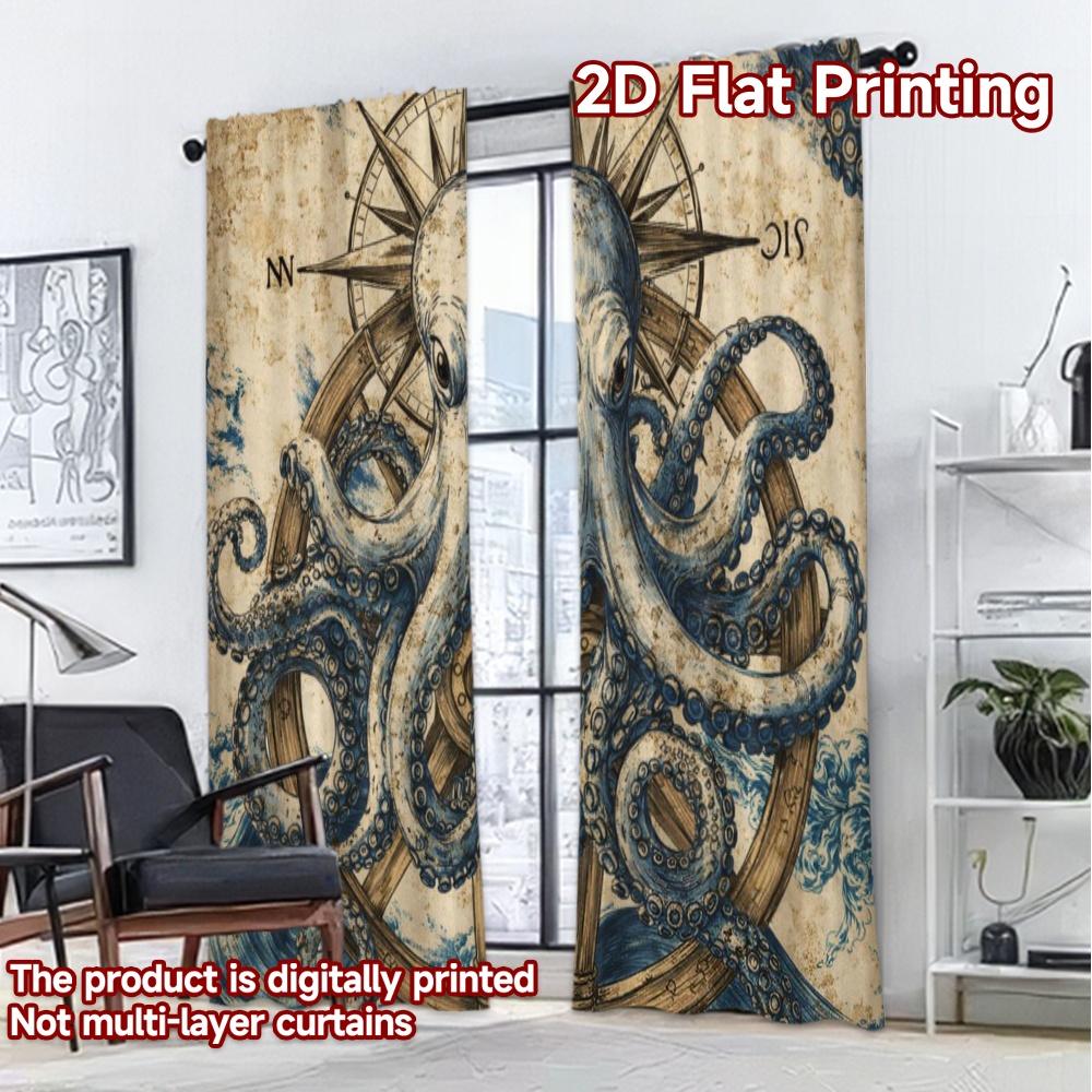 2D FLAT PRINTING 2pcs Curtains (Without Rod) Nautical Octopus Art Modern Curtains Machine Washable Fabric Curtains Gift Suitable