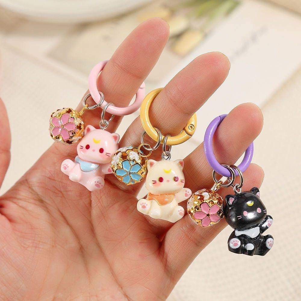 Cute Cat Cartoon Resin Animal with Bell Girls Women Bag Purse Charm Couple Key Chains Gift Accessories Bag Charm