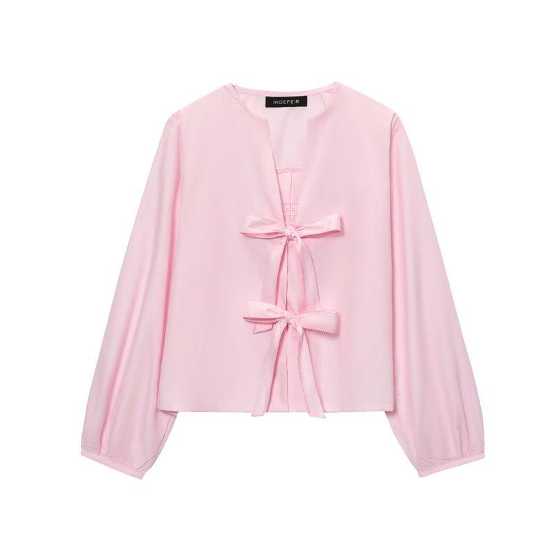 

Kaslead New Women clothes Western Style Fashion Bowknot Decoration Stripe Poplin Shirts 0387058 Pink L