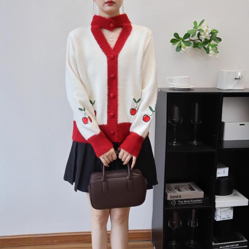 Autumn and Winter New Cherry Contrasting Color Design Sense Knitted Cardigan Sweet Gentle Wind Loose Sweater Jacket Women