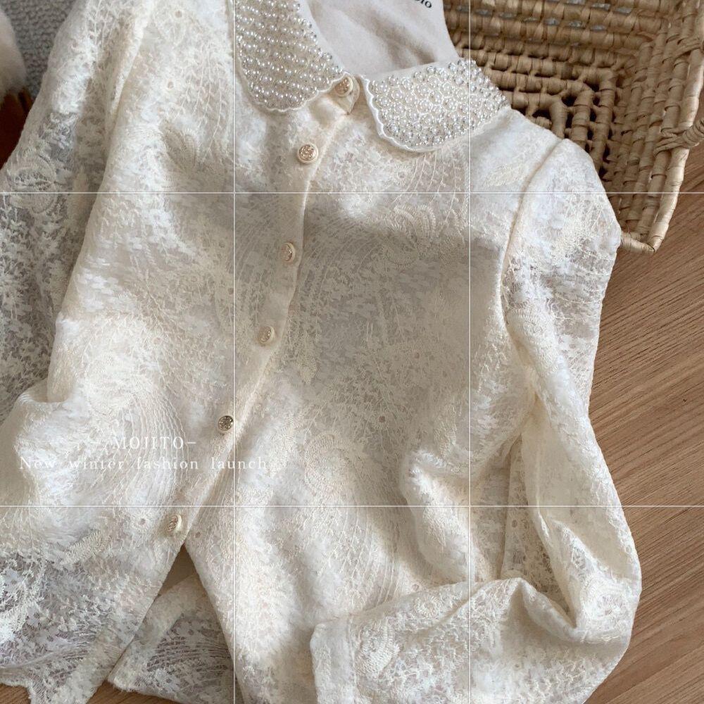 Elegante Camisa de Renda com Gola de Boneca e Miçangas Francesas - Top Bordado de Manga Longa Estilo Primavera