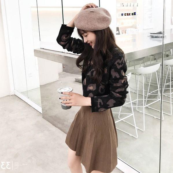 Suéter curto com estampa de leopardo slim, gola redonda, manga comprida, pulôver, malhas femininas jovens