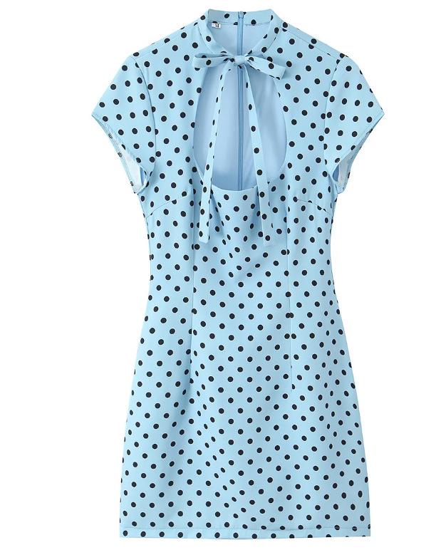 European American Women's Fashion Polka Dot Short Dress with Bow Decoration
