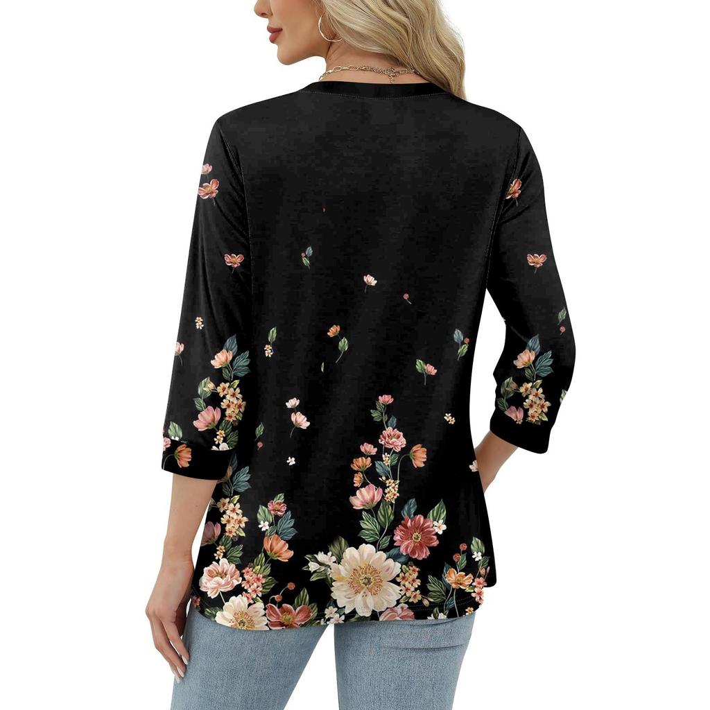 Women's Fashion Casual Round Neck 3/4 Sleeve Loose  Printed T-Shirt Ladies Top