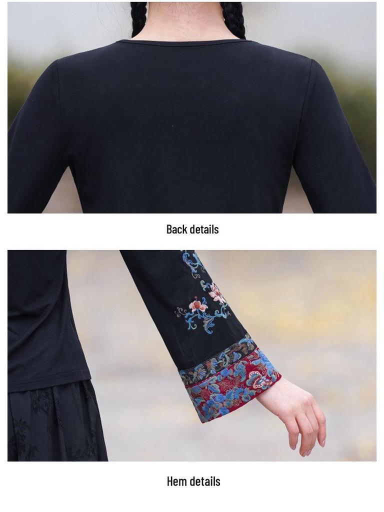 Ethnic Style Women's Embroidered Round Neck Long Sleeve Plus Size Slimming Top