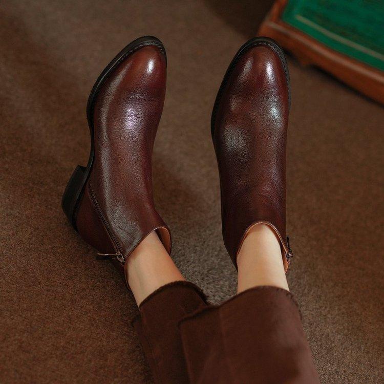 Soft Sole Thick Heel Square Head Women's Shoes Soft Leather Brown Medium Heel Short Boots Women's French Short Bare Boots