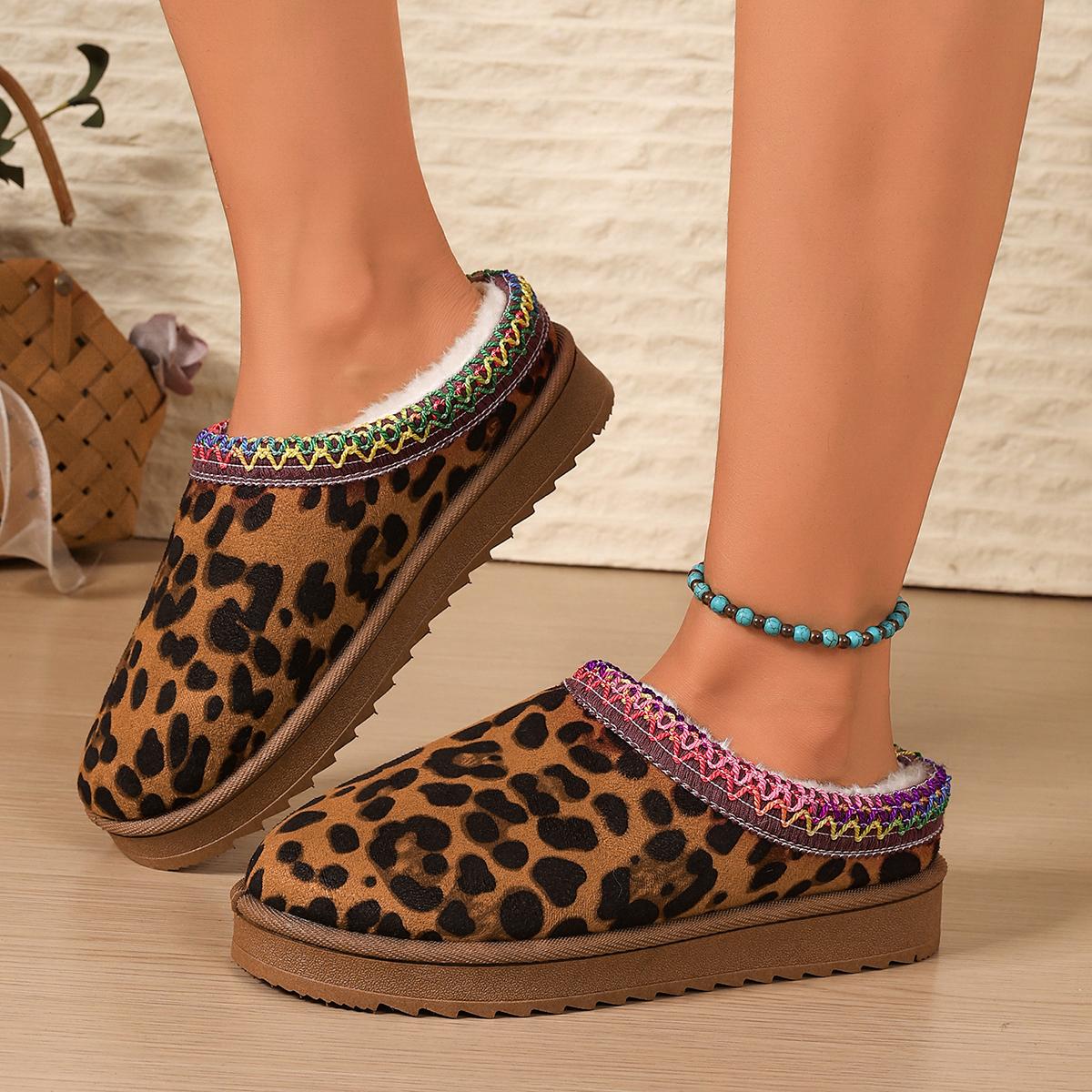 

Модные женские тапочки 2025 Новые ботинки на платформе Удобная плоская хлопковая обувь Однотонные теплые тапочки на толстой подошве Шлепанцы женские 36 леопардовый