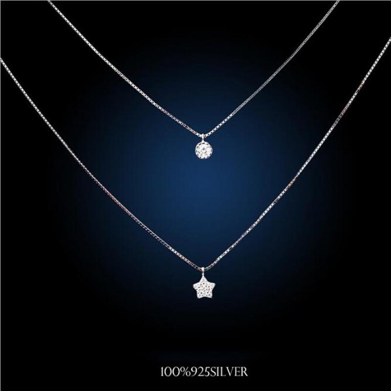 Noble Exquisite Fashion Wild 925 Sterling Silver Jewelry Star Inlaid Double Clavicle Chain Beautiful Pendant Necklaces Xl142
