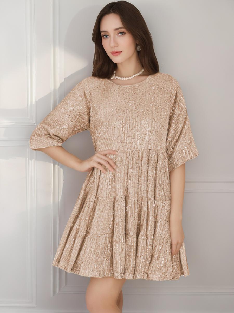

New Style Trendy Solid Loose Waist Short Sleeve Mini Dress Party Evening Sequined Gown XXL блискучий рожевий колір