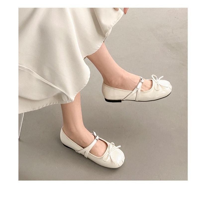 Retro ballet style flat bottom shallow mouth single shoes women's new summer one-pedal bow Mary Jane shoes