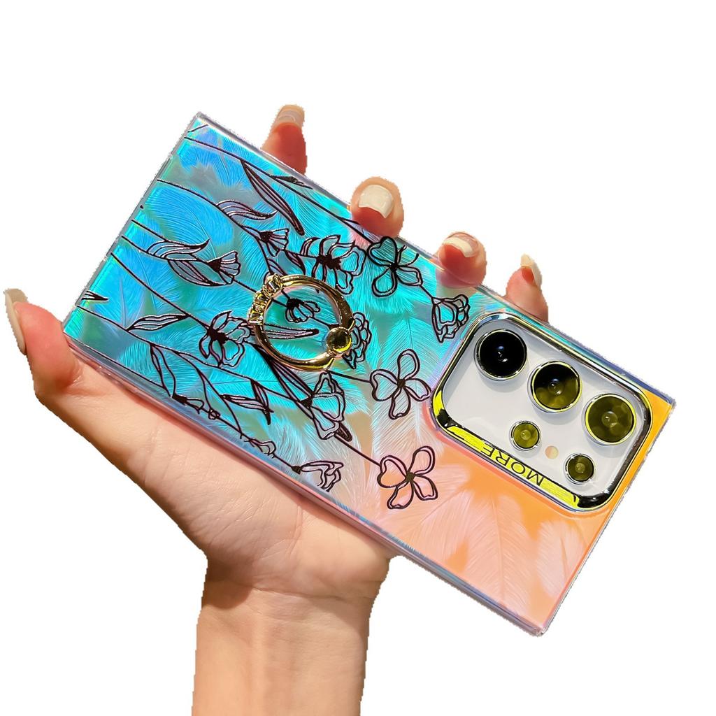 Electroplated Laser Flower Imd with Ring Buckle Bracket S24 Mobile Phone Case S25Ultra Anti-drop All-inclusive A56 Hard Case