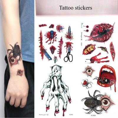 Halloween Fake Temporäres Tattoo Aufkleber Gesicht Make-up und Terror Spinnenmaske Wasserdicht Langhaltend Gruselig Narbe Blut für Frauen Männer