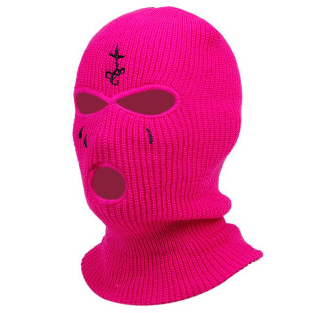 Cross Embroidery Ski Mask Winter Balaclava Hat 3-Hole Knitted Full Face Cover Neck Gaiter Warm Beanie For Outdoor Sport