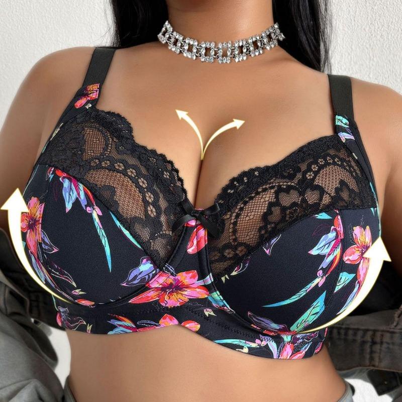 Women Vibrant Floral Print Lace Patchwork Underwire Lift Support Plus Size Everyday Bra