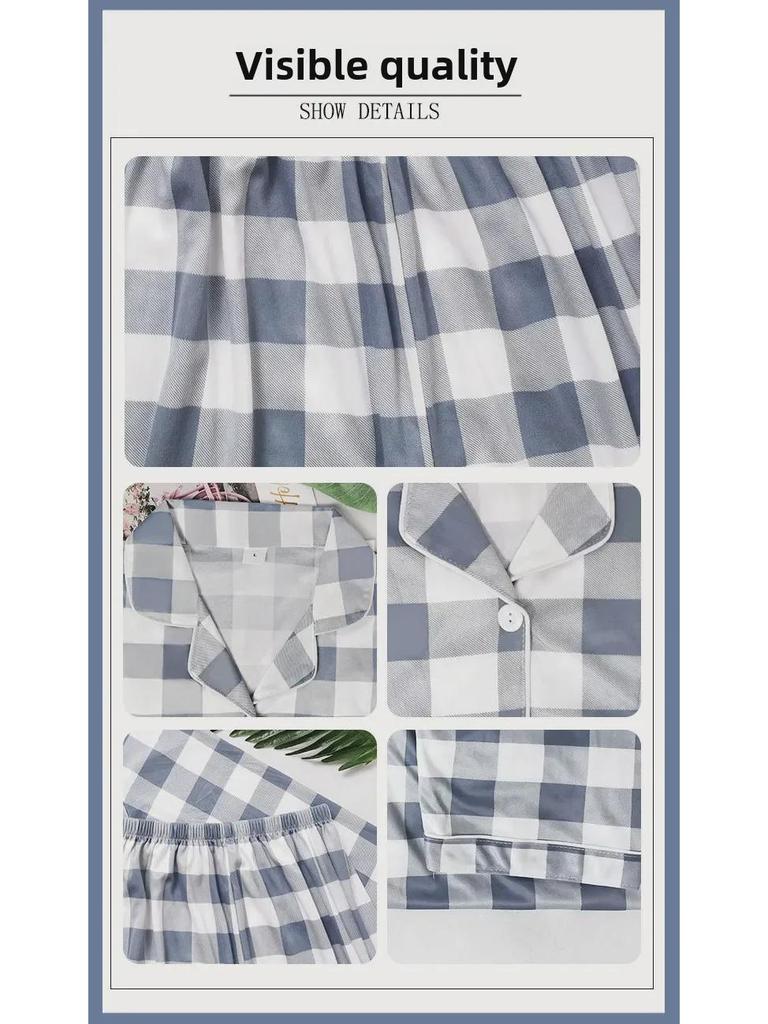Damen Kariertes Strickjacken-Pyjama-Set - Langärmlig, Hose, Lässiger Stil für Frühling & Herbst.