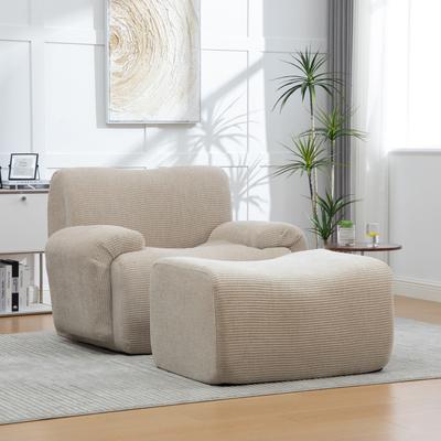 Chenille Armchair with Stool, Vacuum-Packed with 30D High-Elasticity Foam Filling, Assembly-Free for Living Room & Small Rooms - Light Khaki