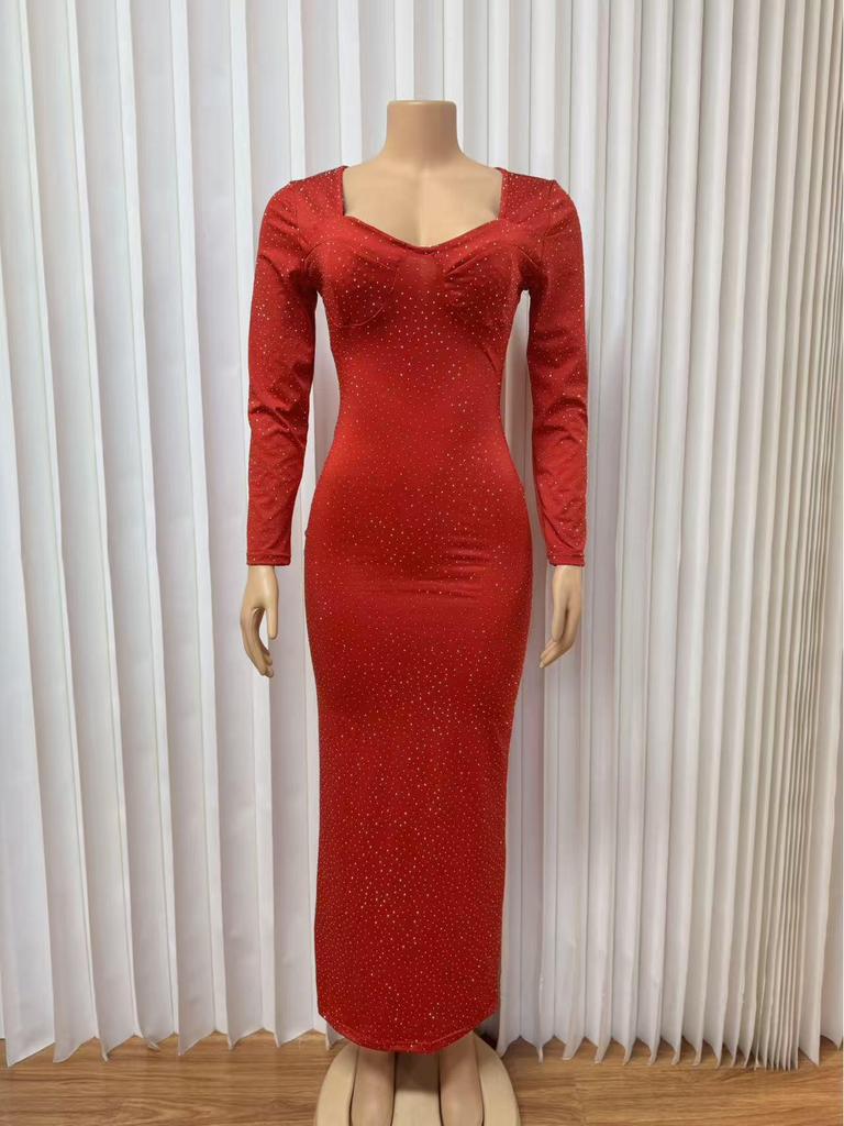 Rochie de seară M10268 Europeană de Lux cu Mânecă Lungă, Croială Slim Fit, cu Detaliu Strasuri Fierbinți