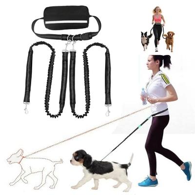 Adjustable Double Dog Leash with Pouch Reflective Stitching Waist Bag Belt Dog Running Leash with Dual Bungees Padded Handles