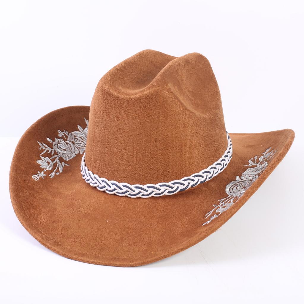 Beliebter europäischer und amerikanischer klassischer Wildleder Western Cowboyhut für Herren und Damen, großer Schirm, bestickt, Outdoor-Sonnenhut