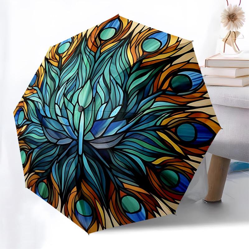 

1pc Peacock Feather Mandala Automatic Opening Folding Umbrella - Portable 3-Fold Design, 8-Bone Iron Frame Outdoor Umbrella, Ideal Gift for Fans, Trav