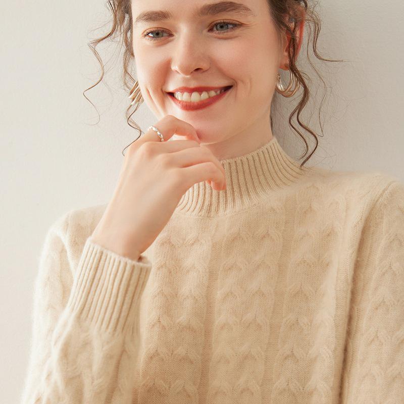 Women's Cable Knit Cashmere Half-High Neck Pullover Sweater
