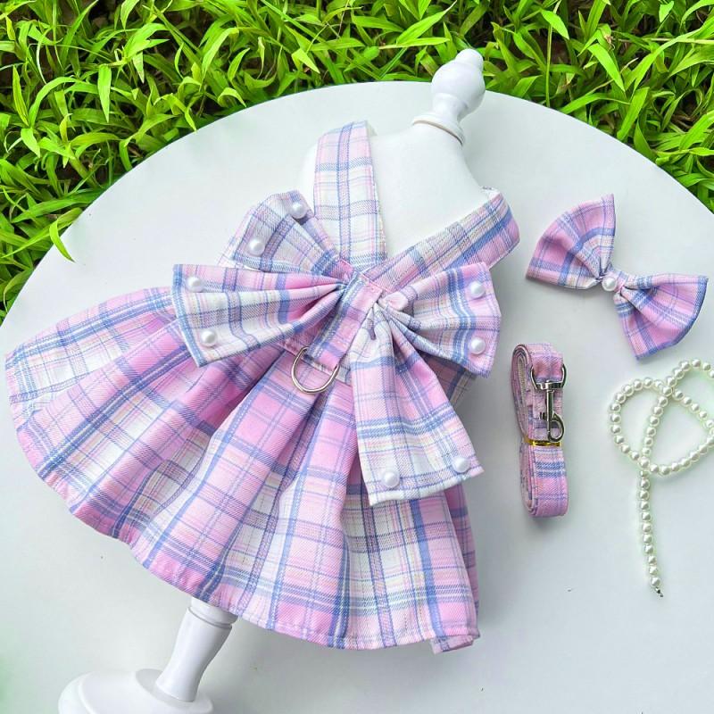 Pet JK Plaid Dress With Harness Loop Small Dogs Cats Teddy Bichon Corgi