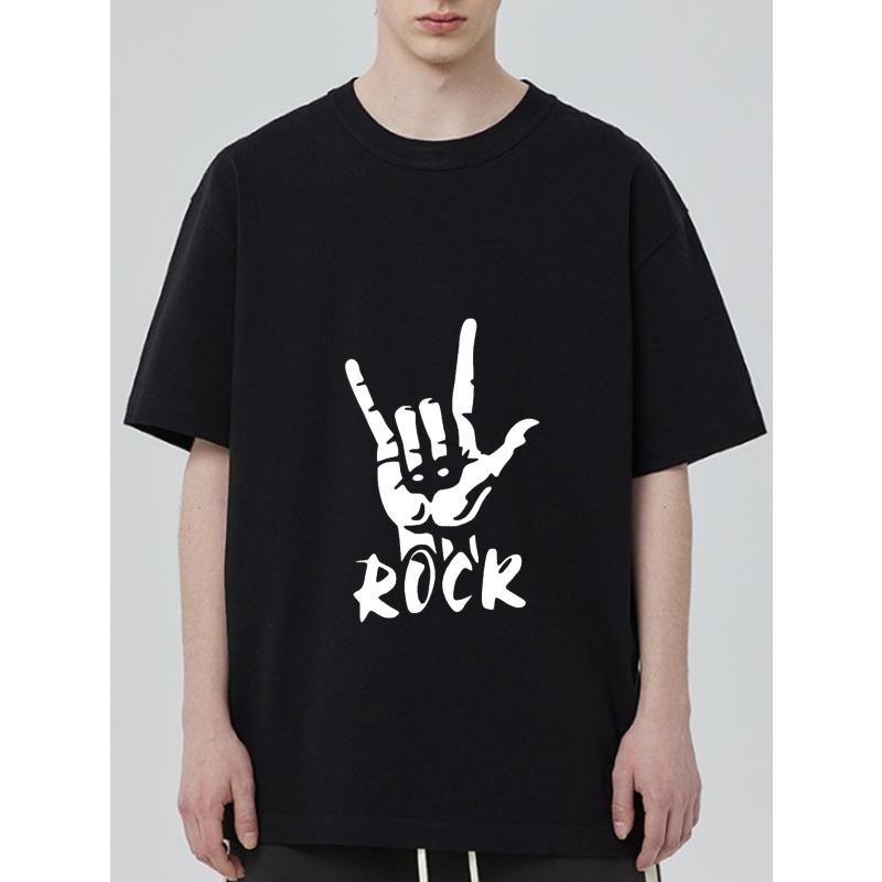 Black T Shirt With Rock Hand Sign And Rock Text Graphic For Casual Wear