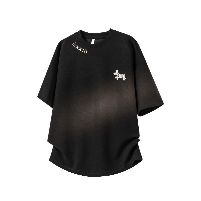 Pony embroidered short-sleeved t-shirt men's summer new loose men's top teen boys heavy clothes
