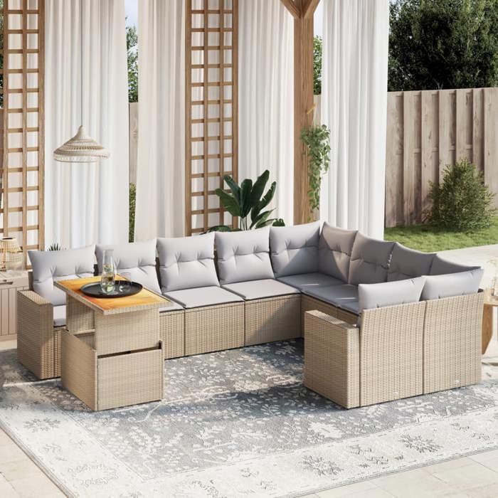 VidaXL Salon de Jardin avec Coussins 10 pcs, Canapés de Terrasse, Ensemble de Meubles de Patio, Mobilier d'Extérieur, Beige 3271479
