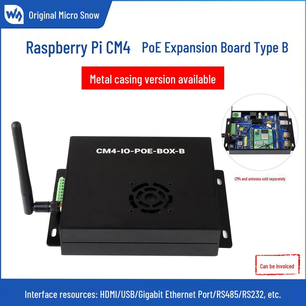 MicroSnow PoE Expansion Board Type B for Raspberry Pi CM4 with Dual DSI/CSI, Quad USB, and Case.
