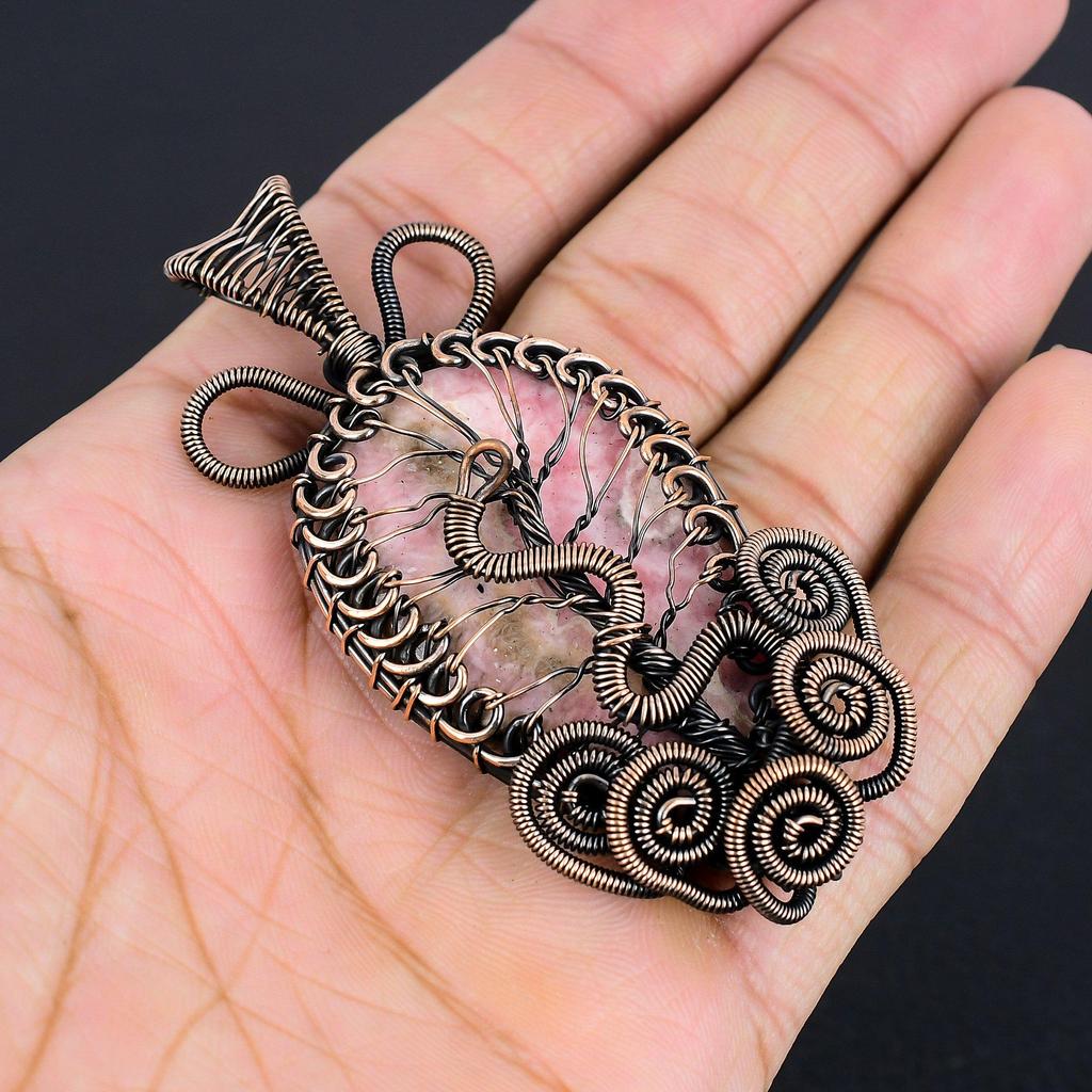 Rhodochrosite Jewelry, 999 Copper Wire Wrapped Pendant, Handmade Gemstone Jewelry Pendant, For Memorial Day