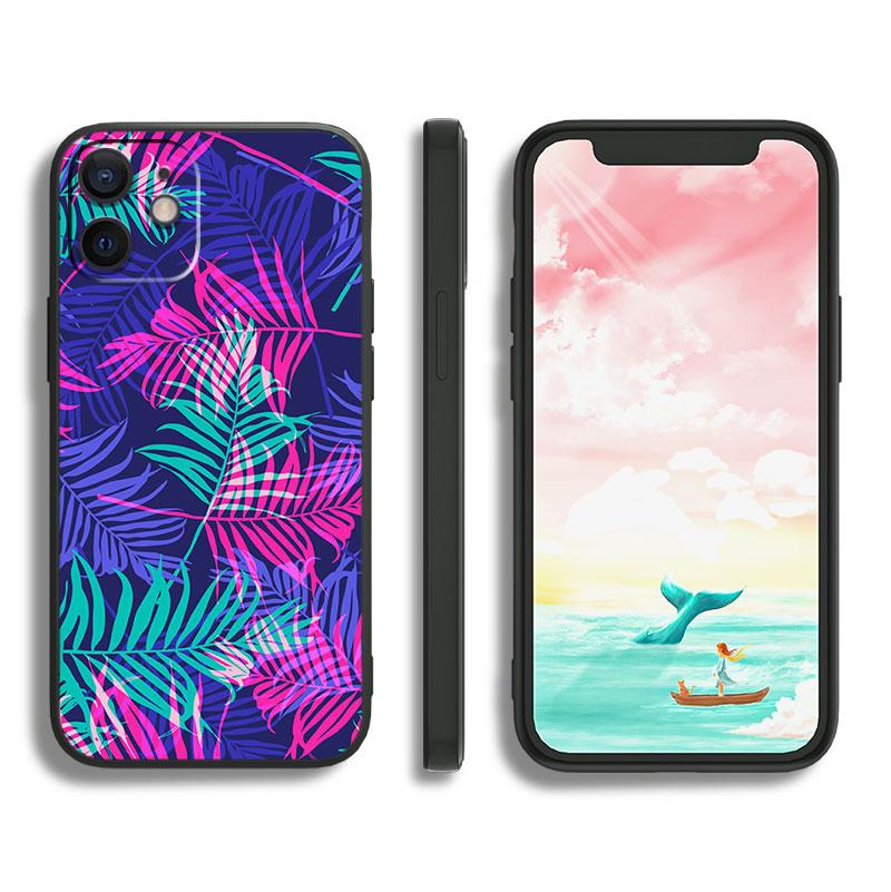 Bunte Blumenblätter für Apple iPhone 11 12 13 Max Mini 7 8 X XR XS Pro Plus Schwarze Luxus-Silikon-Softphone-Hülle