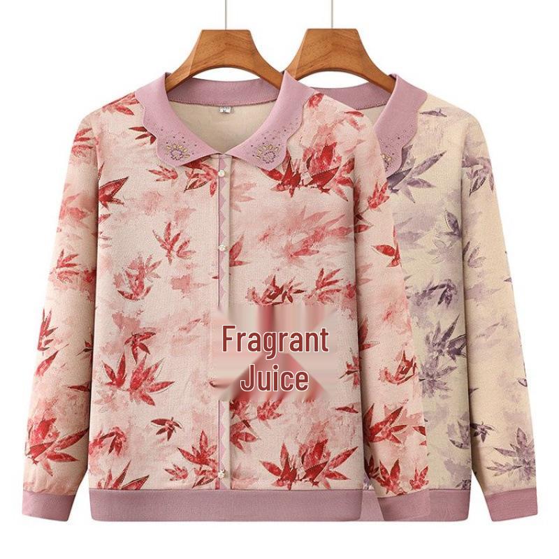 Elegant Floral Lapel Top for Middle-Aged Women - Long-Sleeved, Loose Knit, Pullover T-Shirt