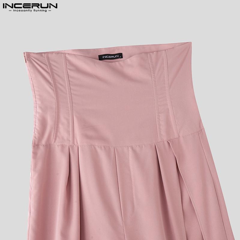INCERUN Men High Slim Waist Zipper Casual Long Splits Wide Legs Pants Trousers
