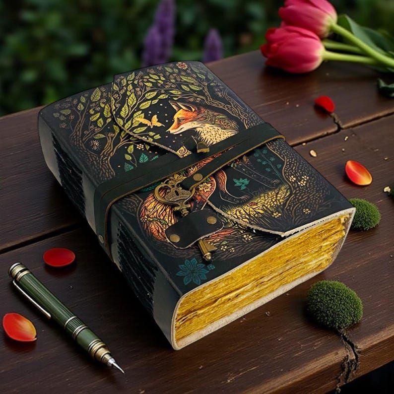 Fox Grimoire Leather Journal with Key – Handmade deckle page journal for women 7 x 5 inch