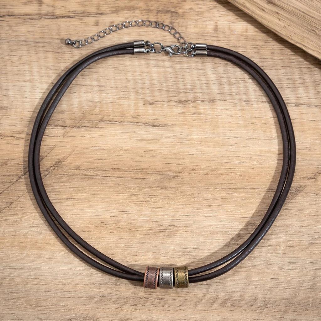 Simple Gun Black Color Wax Cord With Pendant Necklace for Men Small Round Rings Charm Choker Jewelry Collar Party Street